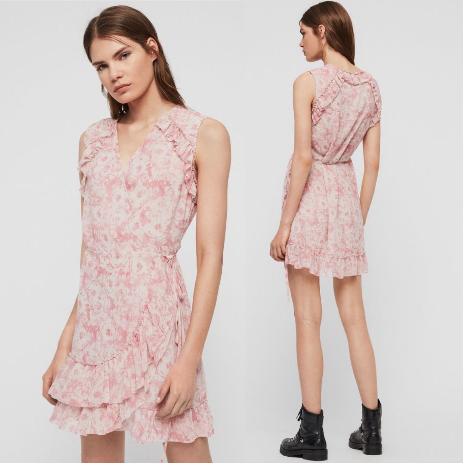 All Saints Priya Rosa Sleeveless Ruffle Chiffon Tie Waist Mini Wrap Dress Medium